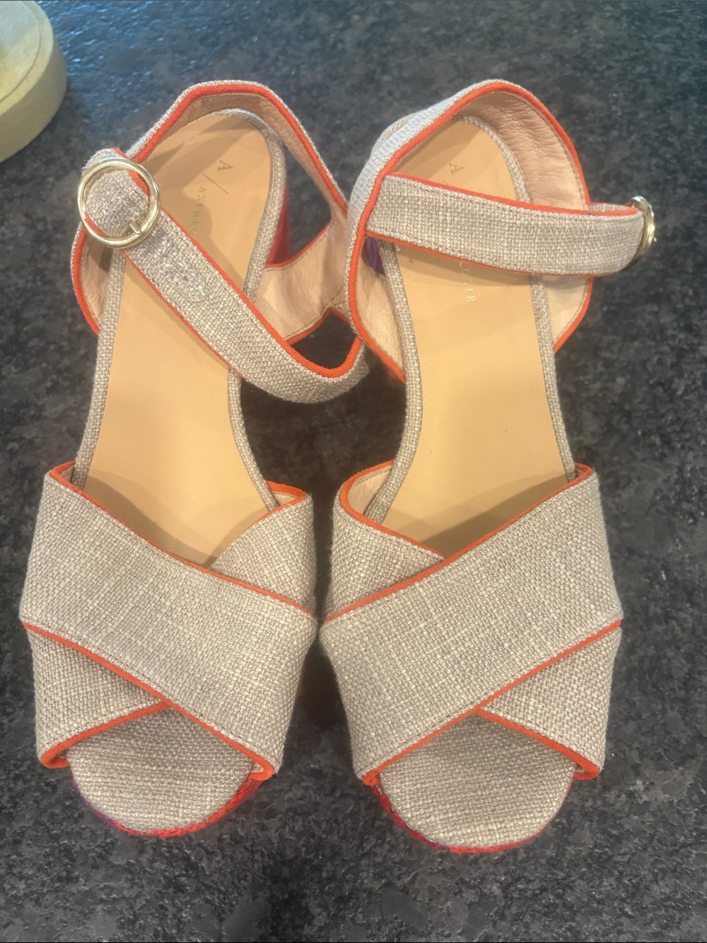 Anthropologie Neutral Linen-Textured Wedge Sandals with Orange Trim